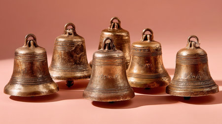 This image showcases a charming collection of antique bronze bells, each with distinct features, set against a soft pink background to enhance their beauty.の素材