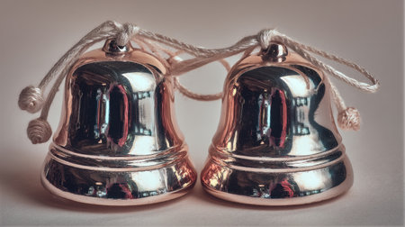 Close-up image of gleaming metallic bells with intricate details and soft strings, ideal for enhancing festive decor or capturing the essence of joyful celebrations.の素材