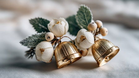 This stunning arrangement features elegant gold bells adorned with delicate white blooms and lush greens, perfect for capturing the essence of festive seasons.の素材