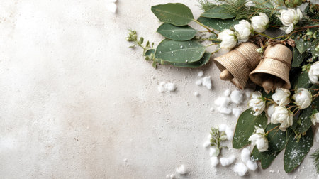 Celebrate the beauty of winter with this elegant arrangement featuring bells, greenery, cotton, and white flowers on a soft textured background. Perfect for festive decor.の素材