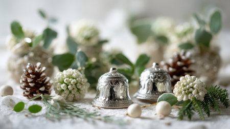 A serene composition featuring elegant silver bells amidst lush greenery, pinecones, and delicate flowers, perfect for evoking a festive atmosphere in winter celebrations.の素材