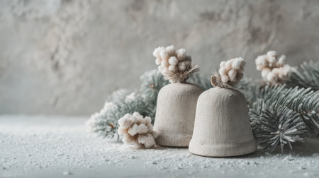 Capture the essence of winter with these rustic clay bells adorned with frosted greenery, perfect for holiday decorations and creating a cozy atmosphere in any setting.の素材