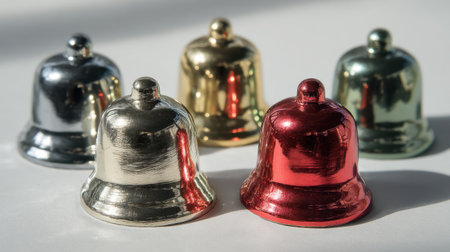 A collection of colorful decorative bells showcased on a bright surface, reflecting light with vibrant finishes, perfect for holiday and celebration themes.の素材