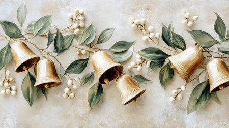 A beautiful arrangement of golden bells surrounded by lush greenery and delicate berries, ideal for enhancing festive themes and holiday decorations.の素材