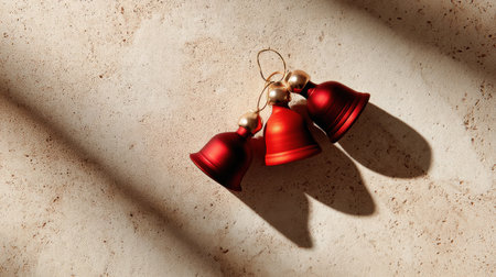 Three bright red decorative bells placed on a textured surface create a captivating visual with soft shadows, perfect for enhancing festive celebrations and cheerful atmospheres.の素材