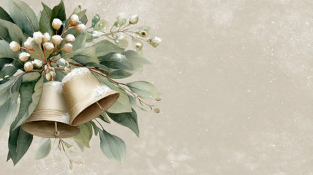 A serene and elegant composition featuring two beautifully designed Christmas bells nestled among lush green leaves and delicate winter berries, ideal for festive projects.の素材