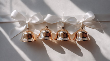 This image showcases elegant golden and silver bells adorned with white ribbons, perfect for enhancing festive decorations and celebrating joyful occasions.の素材
