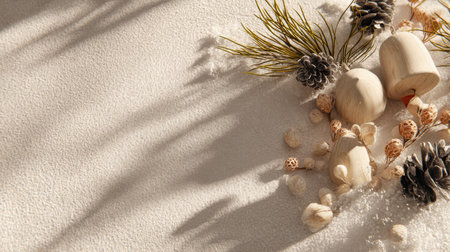 A serene arrangement of natural elements featuring pinecones, wooden pieces, and greenery, creating an inviting and warm scene perfect for seasonal decor and artistic displays.の素材