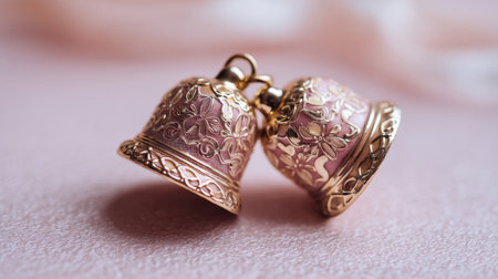Explore the beauty of these exquisite gold bells adorned with floral designs, ideal for adding a touch of elegance to your creative projects and photography.の素材