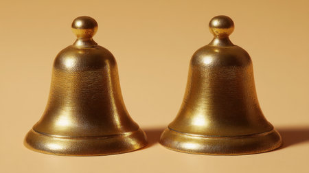 This image features a pair of beautiful golden bells with sleek surfaces, perfect for adding elegance and charm to any space or event, reflecting light gracefully.の素材