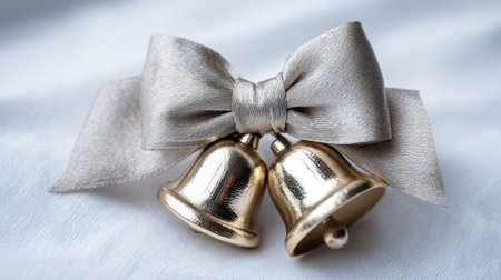 This image features elegant golden bells adorned with a soft satin bow, resting on a smooth white surface. Ideal for festive themes and holiday decor.の素材