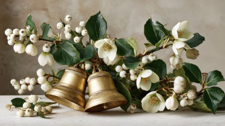 Delight in this serene composition showcasing vintage bells paired with delicate flowers and lush foliage, ideal for enhancing any seasonal or festive decor.の素材