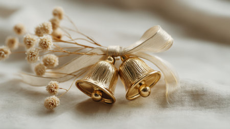 Two elegant golden bells are beautifully tied with a ribbon and accompanied by delicate small flowers, creating a charming and festive decoration for various occasions.の素材