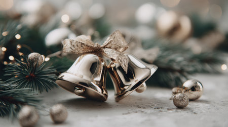 This festive image features elegant golden bells with a charming ribbon, surrounded by Christmas decorations and pine branches, evoking a warm and joyful atmosphere.の素材