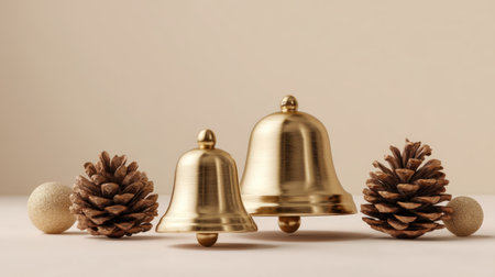 This image features elegant brass bells surrounded by pine cones and decorative balls, creating a warm and festive atmosphere ideal for holiday celebrations and decor.の素材