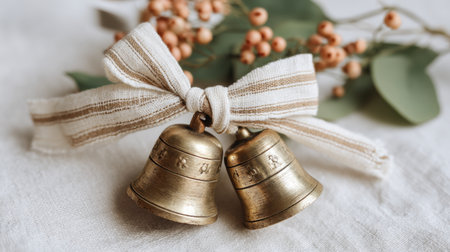 This image features decorative golden bells elegantly tied with a ribbon, complemented by natural foliage and berries, perfect for festive and holiday themes.の素材
