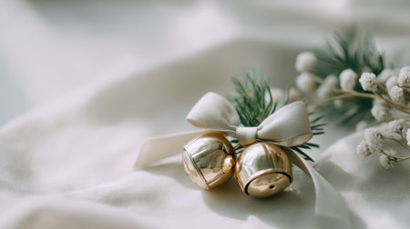 Discover an elegant arrangement featuring golden ornaments tied with a ribbon and decorated with greenery, perfect for creating a cozy holiday atmosphere.の素材