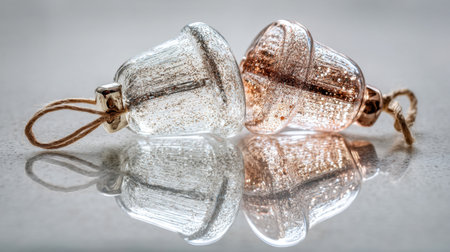 Two elegant glass bells, one silver and one rose gold, rest on a smooth reflective surface, creating a stunning visual for holiday decor ideas and seasonal celebrations.の素材