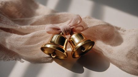 Two golden bells elegantly tied with a soft pink ribbon resting on a light surface, creating a charming decoration perfect for festive celebrations and events.の素材