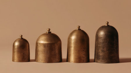 This image features four distinct brass cloche domes with varying finishes arranged against a soft, neutral background, perfect for enhancing food presentation and decor aesthetics.の素材