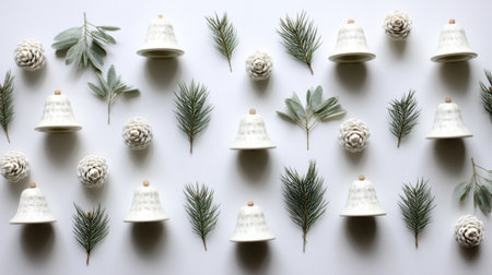 A serene and elegant festive arrangement featuring decorative bells, pine cones, and assorted greenery, perfect for winter celebrations and holiday decor inspiration.の素材