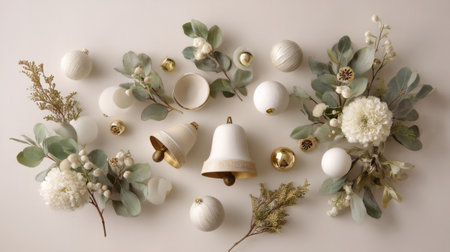Discover a serene arrangement of white holiday decorations, featuring eucalyptus and delicate flowers, perfect for seasonal inspiration and festive aesthetics.の素材