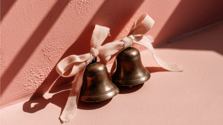 Beautiful vintage bronze bells with delicate pink ribbons on a soft pink background create an inviting ambiance perfect for celebrations, photography, or decor.の素材