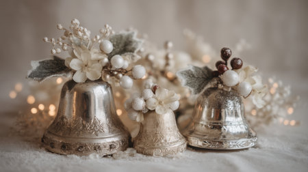 An enchanting still life composition featuring delicate silver bells adorned with flowers, set against a soft background, perfect for holiday decor and festive inspiration.の素材