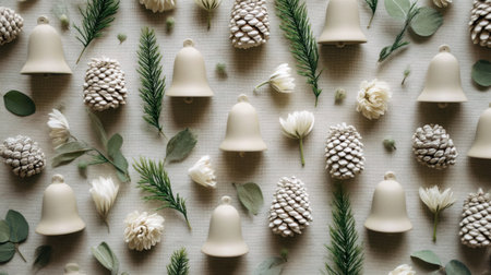 A serene and elegant arrangement featuring cream bells, textured pine cones, and delicate dried flowers, perfect for holiday decor or seasonal celebrations.の素材