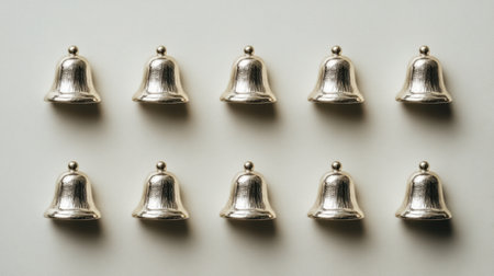 A striking arrangement of shiny silver decorative bells captured on a soft neutral background, ideal for conveying festive spirit and decorative charm.の素材