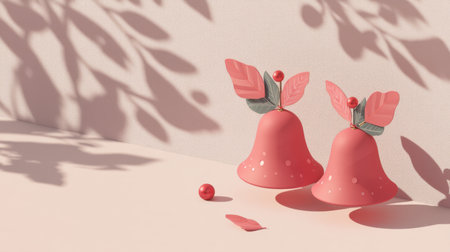 Charming pink decorative bells with leaves create a whimsical atmosphere. Soft shadows enhance minimalist design, adding a touch of creativity to any space.の素材