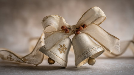 Two elegant decorative bells tied with a golden ribbon, surrounded by soft tones, embodying the spirit of Christmas and adding charm to festive occasions.の素材