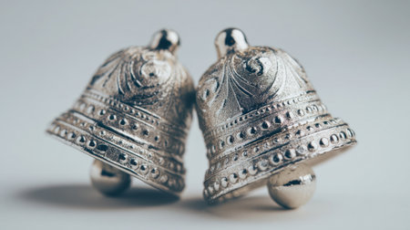 Two vintage silver bells with intricate designs exhibit an elegant and charming appeal, ideal for enhancing any festive occasion or holiday decoration theme.の素材