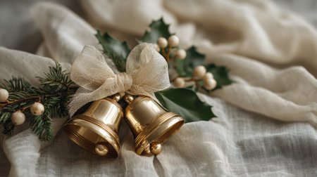 Beautiful golden Christmas bells elegantly tied with a ribbon and surrounded by greenery on a soft fabric. A perfect depiction of holiday warmth and celebration.の素材