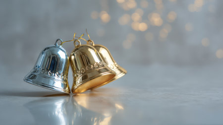 Close-up view of elegant silver and gold bells positioned together, creating a warm ambiance against a softly blurred bokeh background, perfect for festive occasions.の素材