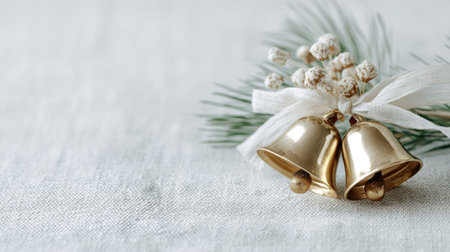 This image features decorative gold bells tied with a white ribbon, accented by dried flowers and nestled in green pine, creating a festive charm for holiday dの素材
