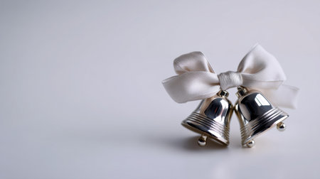 This elegant image features two silver wedding bells adorned with a soft ribbon bow, perfect for evoking themes of celebration, joy, and nuptial traditions.の素材