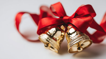 Beautiful gold bells adorned with a bright red ribbon create a festive ambiance, perfect for Christmas celebrations and seasonal decorations. Ideal for joyful themes.の素材