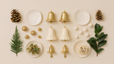A stylish arrangement of golden bells, pinecones, and natural elements on beige plates, perfect for holiday decorating, inspiring creativity and festive spirit.の素材