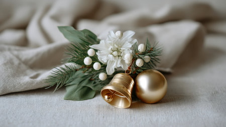 A beautiful Christmas arrangement featuring a gold bell, a white flower, and lush greenery, perfect for festive decorations and holiday themes on a soft fabric backdrop.の素材