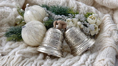 Beautiful silver bells paired with elegant white ornaments and greenery create a serene and festive atmosphere, perfect for holiday celebrations and decorations.の素材
