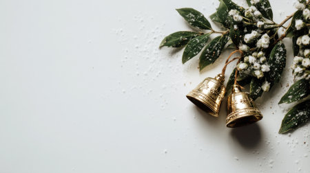 This image showcases beautifully crafted golden bells surrounded by green leaves and white flowers, perfect for evoking a festive and cheerful atmosphere during the holidays.の素材