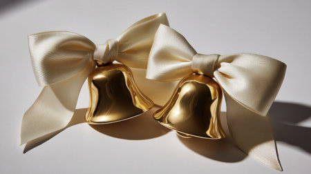 Two elegant gold bells adorned with cream satin ribbons sit gracefully against a light background, perfect for enhancing festive occasions and celebrations.の素材