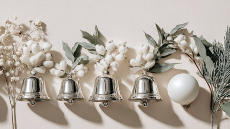 A charming layout featuring silver bells harmoniously placed with delicate botanicals and decorative elements, ideal for holiday-themed projects and decor inspiration.の素材