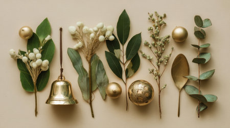 Elegant arrangement featuring a golden bell, decorative leaves, and berries set against a soft background. Ideal for festive themes and nature-inspired designs.の素材