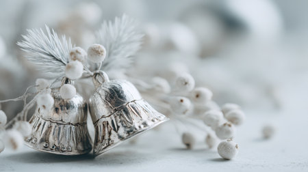 Two elegant silver bells adorned with delicate greenery rest together, creating a serene and festive atmosphere ideal for holiday decorations or winter-themed events.の素材