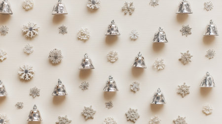 A creative arrangement of silver bells and delicate snowflakes on a soft light background, offering a charming visual perfect for winter celebrations and decoration ideas.の素材
