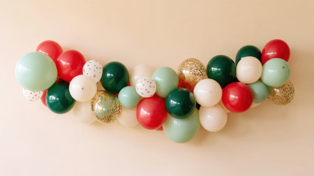Brighten up festive occasions with this colorful balloon garland featuring vibrant red, green, gold, and white balloons, perfect for parties or celebrations.の素材