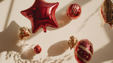 This captivating image showcases red and gold Christmas decorations, including balloons and ornaments, casting interesting shadows on a light background, perfect for festive themes.の素材