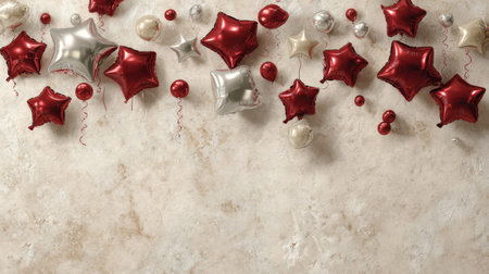 A delightful arrangement of red and silver balloons, stars, and ornaments gracefully set against a textured background, perfect for festive events and joyful celebrations.の素材